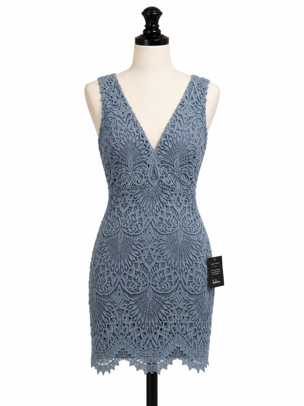 Lulus Truly Beloved Blue Crochet Lace Plunge Bodycon Mini Dress NWT M